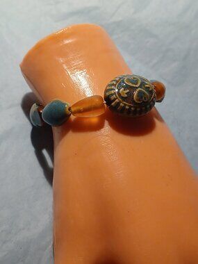 "Faded Denim & Honey" - Glass & Ceramic Bead Memory Wire Bracelet